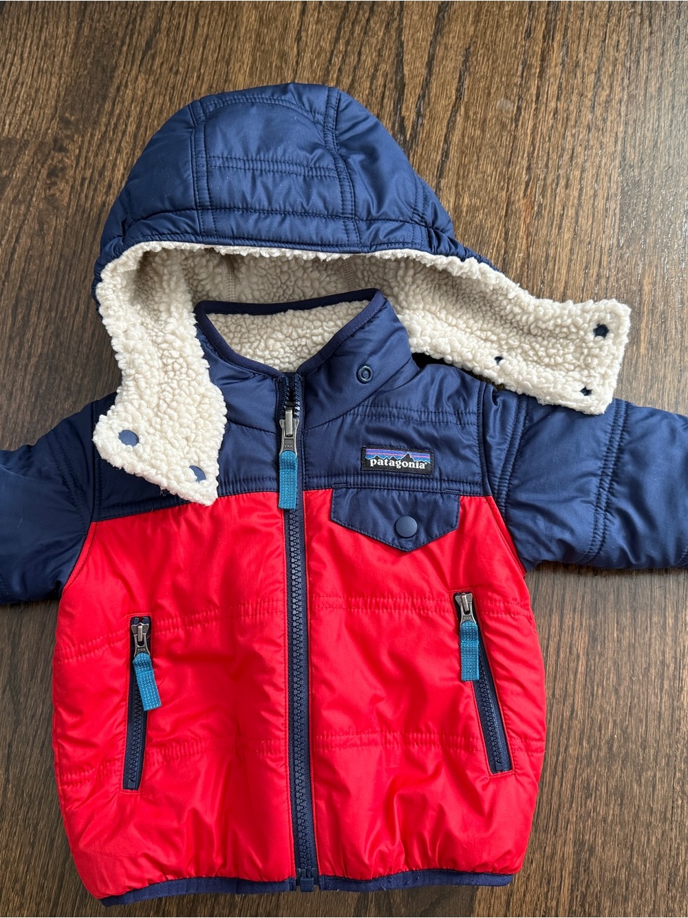 Patagonia Kids Navy and Red Hooded Sherpa-Lined Puffer Jacket